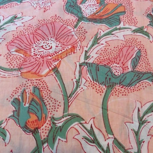 Original Restocked : BLOCK PRINT Fabric of India, Poppy Print, Breezy  VOILE Peach Background,  Rose & Pink , Teal Green and Cora!, Caftans