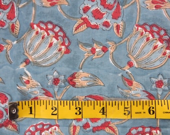 Block Print Organic Cotton VOILE, Montana Blue Background with Barn Red  Stylized Poppy Flowers and Seed Pods Sold by the Yard 44" wide