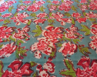 BLOCKPRINT Fabric from India, Organic Cotton Floral with Red, Pink & Green on Turquoise Blue Background (  Continuous Cut )  44&quot; wide