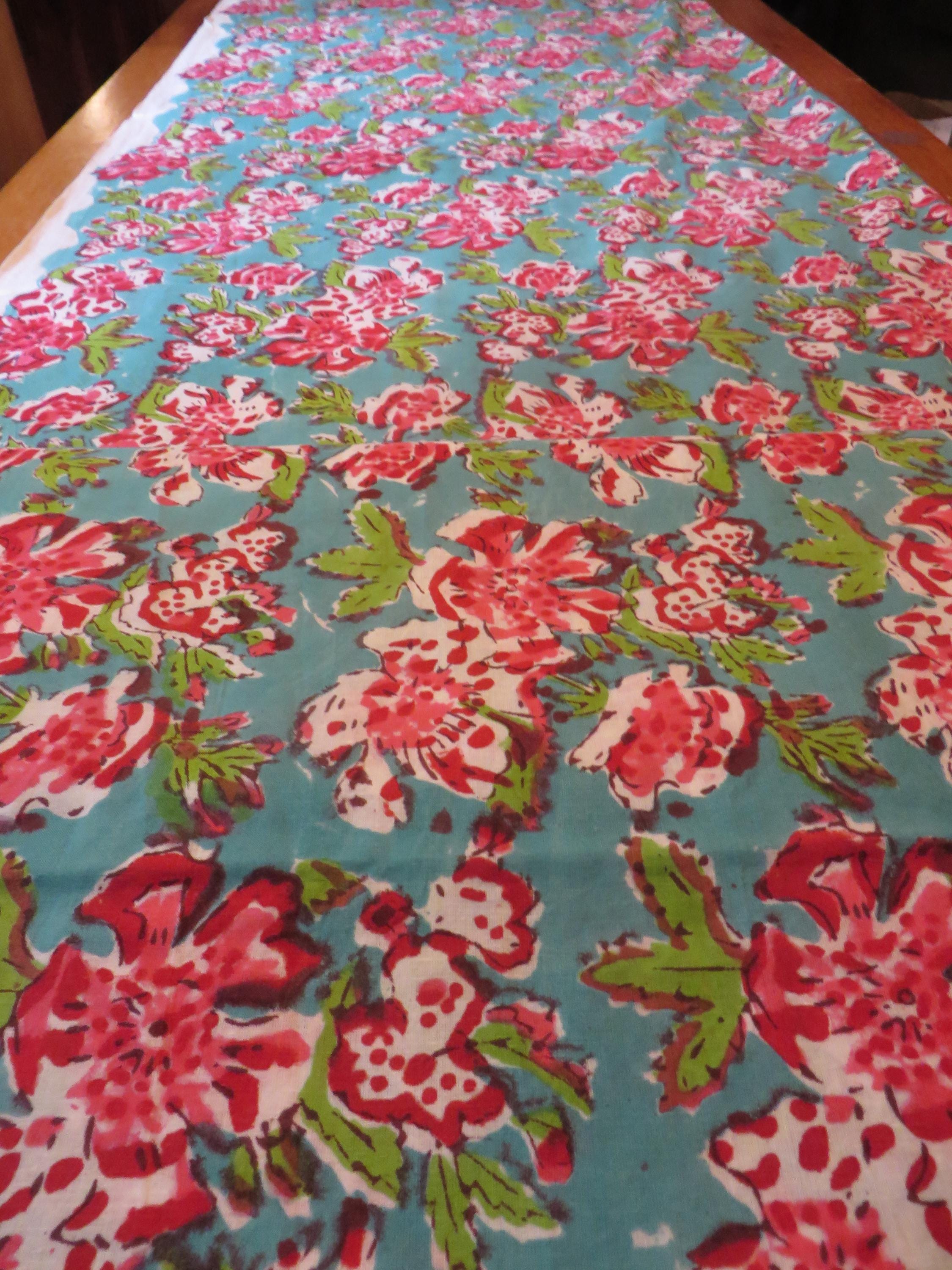 BLOCKPRINT Fabric from India, Organic Cotton Floral with Red, Pink & Green on Turquoise Blue Background (  Continuous Cut )  44" wide