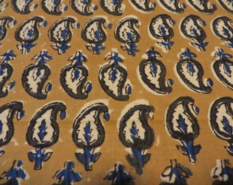 Discounted 50% I purchased too much ! Fall Designs ! Dress Making Block Print Ajrak PAISLEY Print OCHER and Blue , Fall Clothing