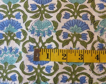 Final Piece Discounted ! 3 yards + 11&quot; ,= 118&quot; Long in one Piece ! Block Print Fabric Breezy Print  PERIWINKLE BLUE & MINT  Lotus Flower