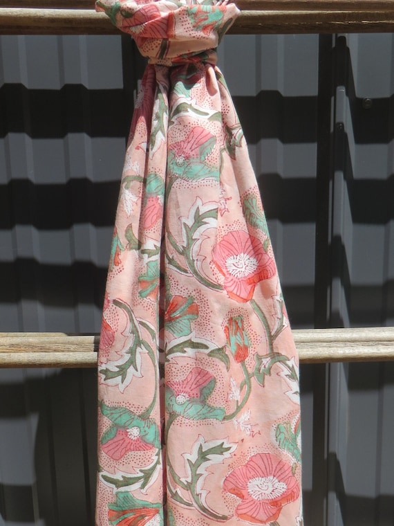 Block Print Scarf /Shawl, Head wrap Sustainable Organic Cotton PEACH POPPIES  20" W x72" L , Handmade Gift for Mom  Head Wrap, Finished Edge
