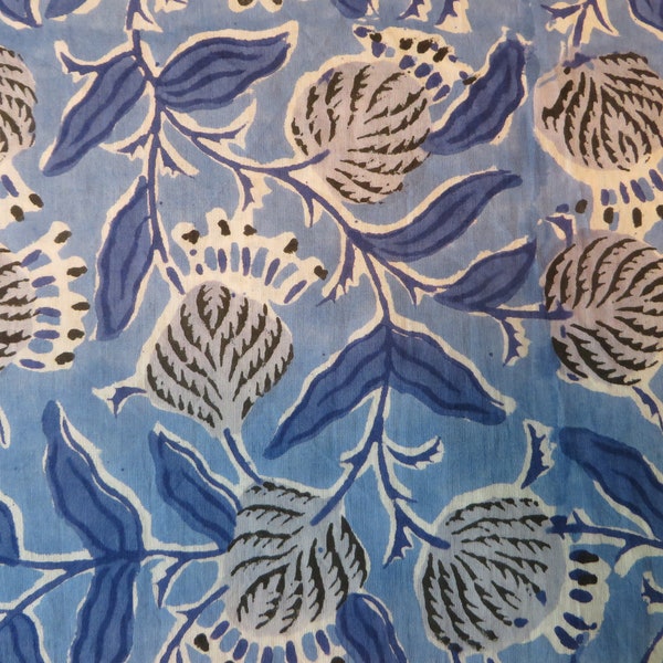 Restocked ! Blockprint Fabric Organic Cotton Abstract Blue Blossoms,  Home Decor items & Boho Skirts, Pajama Pant, Scarf