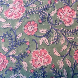 FIVE BUCKS Block Print Fabric, Boho Style 100% Cotton Sewing Fabric, Breezy Dress Design, Home Decor, Blue-Green, Pink Flowers, Blue Vines