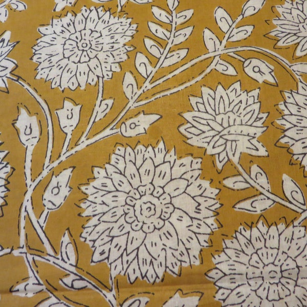 Block Print 100% Organic Cotton Floral Print White Flowers on Amber TURMERIC Background Sustainable Cotton, Ethically Sourced USA Seller