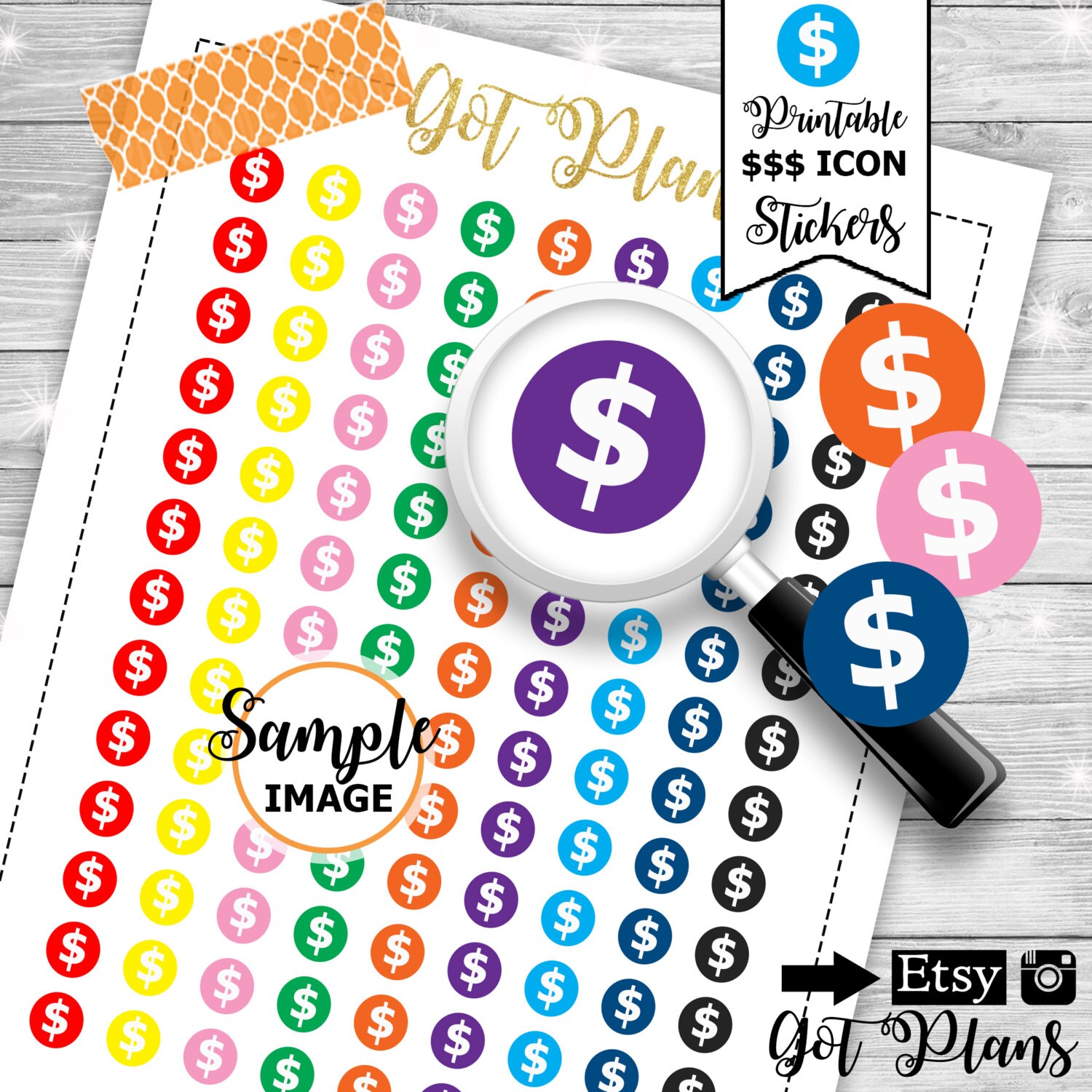 Dollar Sign Stickers Printable Planner Icons Money Stickers | Etsy