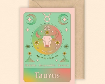 Taurus Zodiac Card | Zodiac | Star Sign | April Birthday Card | May Birthday Card | Horoscope | Zodiac Birthday card | Astrology