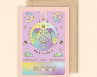 Zwilling Sternzeichen Karte | Sternzeichen | Sternzeichen | Mai Geburtstagskarte | Juni Geburtstagskarte | Horoskop | Sternzeichen Geburtstagskarte | Farbverlauf | Astrologie