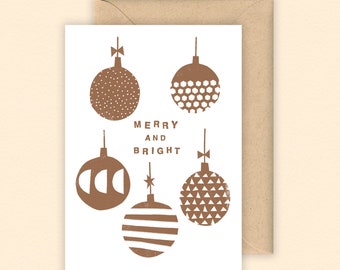 Merry and Bright Karte | Weihnachtskarte | Kupfer Kugeln Illustration | Handbedruckt | Buchdruck