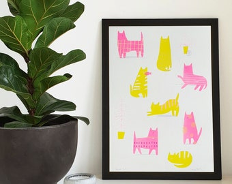 Neon Katzen A3 Risograph Druck