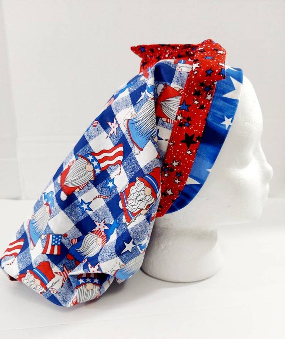 Scrub Cap, Women's Bouffant Cap, Chemo Hat, Surgical Cap, Surgery Hat, Reversible, USA, Gnomes, Patriotic