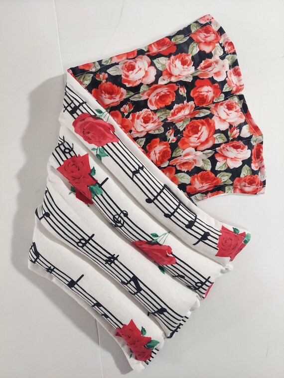 Therapeutic heating/cooling rice-flax seed bag, neck wrap, heat pad, cold pack, rice bags, roses, music notes