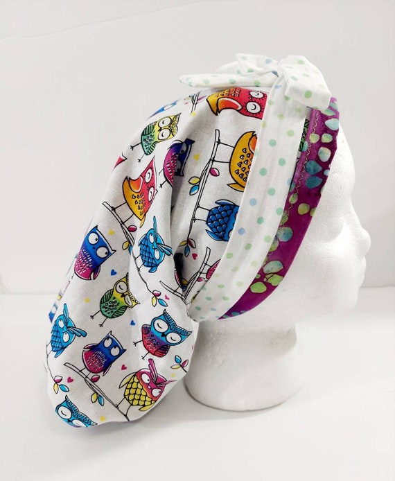 Owls, Scrub Cap, Women's Bouffant Cap, Surgery Hat, Surgical Cap, Reversible, Chemo Hat, Tye Dye,  SHIPS IMMEDIATELY