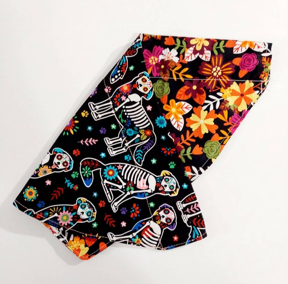 Over the Collar Bandana, Reversible, Dog Bandana, Pet Gift, Dog Collar, Bandana, Sugar Skull Dogs, Skeletons