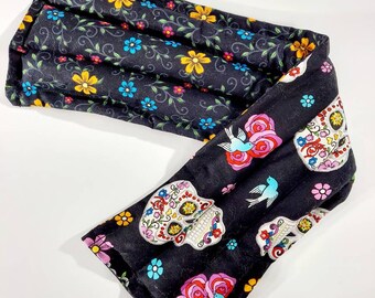 Rice-flax seed therapeutic heating/cooling neck wrap, body pad, heat pad, cold pack, rice bag, spa, sugar skulls