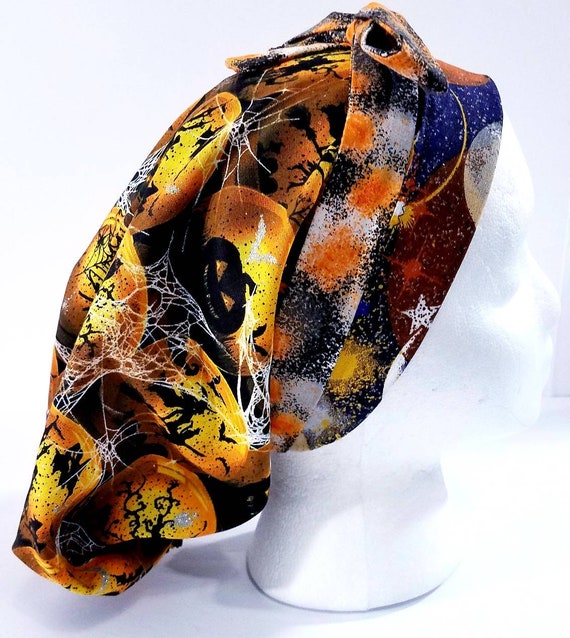 Surgery Cap, Scrub Cap, Surgical Hat, Chemo Hat, Women's Bouffant Hat, Head Covering, Face Mask, Galaxy, Pumpkins, Witches, Halloween