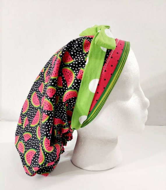 Surgery Hat, Women's Bouffant Hat, Chemo Hat, Surgical Cap, Scrub Cap, Head Covering, Face Mask, Watermelon