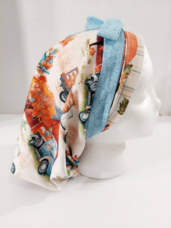 Scrub Cap, Women's Bouffant Cap, Chemo Hat, Surgical Cap, Surgery Hat, Fall, Pumpkins, Autumn, Pickup Trucks