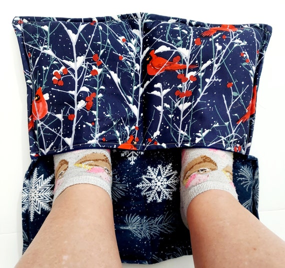 Rice-flax seed therapeutic foot warmer, rice bag, heat pad, cold pack, hand warmer, cardinals, snowflakes