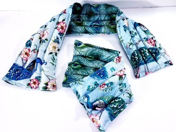 Rice-flax seed therapeutic heating/cooling neck wrap, body pad, rice bag, heat pad, cold pack, doula, peacocks, flowers