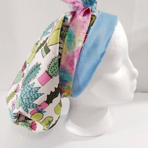 Satin Lined Scrub Cap, Women&#39;s Bouffant Cap, Chemo Hat, Surgical Cap, Surgery Hat, Scrub Cap, Cactus