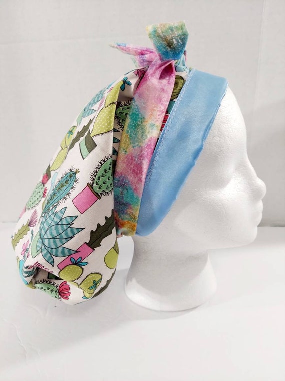 Satin Lined Scrub Cap, Women's Bouffant Cap, Chemo Hat, Surgical Cap, Surgery Hat, Scrub Cap, Cactus