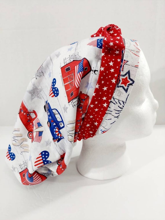 Scrub Cap, Women's Bouffant Cap, Chemo Hat, Surgical Cap, Surgery Hat, Reversible, USA, 4th of July
