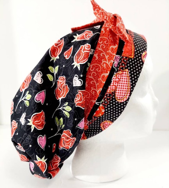 Scrub Cap, Women's Bouffant Cap, Chemo Hat, Surgical Cap, Surgery Hat, Head Covering, Hearts, Roses, Valentine's