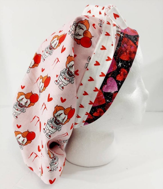 Scrub Cap, Women's Bouffant Cap, Chemo Hat, Head Covering, Surgical Cap, Surgery Hat, Face Mask, IT, Pennywise, Valentine's Day, Hearts