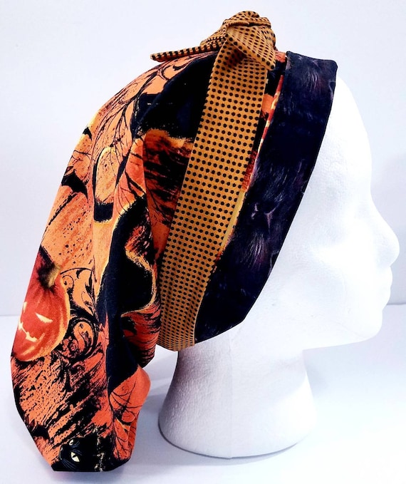 Surgery Cap, Surgery Hat, Women's Bouffant Hat, Surgical Hat, Scrub Cap, Head Covering, Chemo Hat, Face Mask, Cats, Halloween, Pumpkin