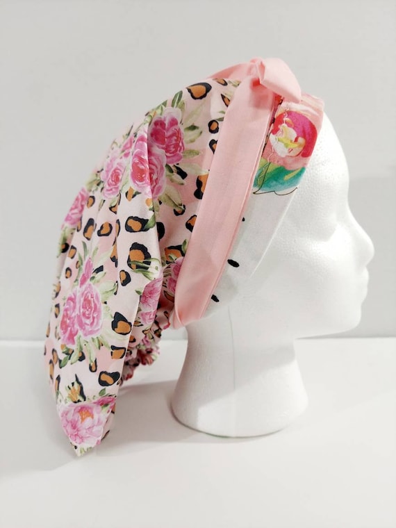 Scrub Cap, Women's Bouffant Cap, Chemo Hat, Surgical Cap, Surgery Hat, Chemo Hat, Reversible, Head Covering, Leopard Print, Roses, Cheetah