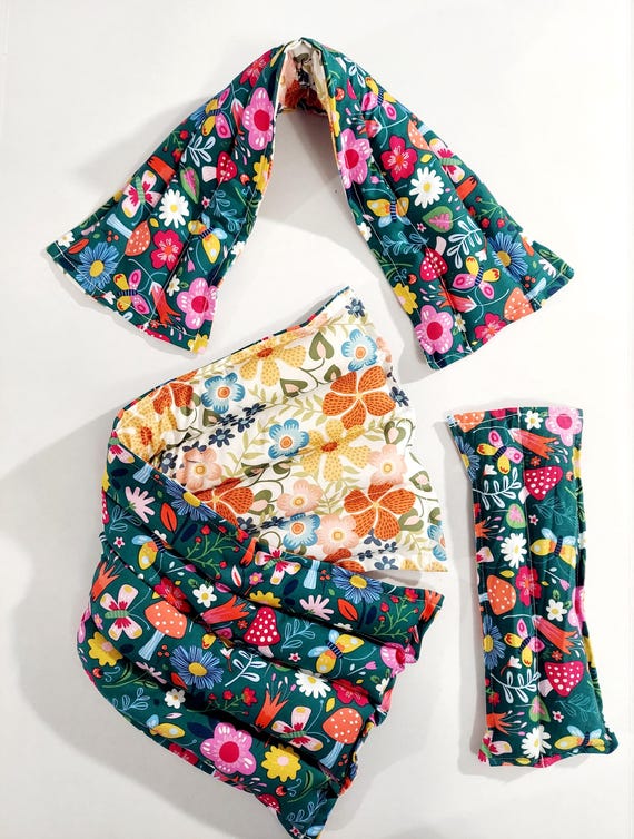 Rice-flax seed therapeutic heating-cooling neck wrap, rice bag, heat pad, cold pack, mushrooms, flowers