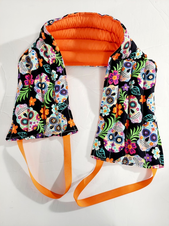 Rice-flax seed therapeutic heating-cooling neck wrap, rice bag, heat pad, cold pack, sugar skulls
