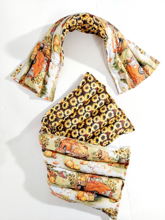 Rice-flax seed therapeutic heating-cooling pad, neck wrap, rice bag,  heat pad, cold pack, Fall, Sunflower, Pumpkins
