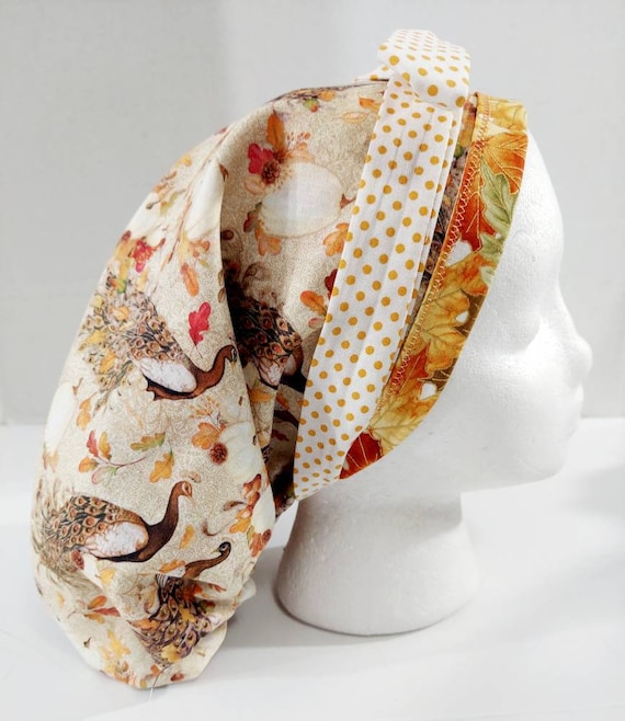 Scrub Cap, Women's Bouffant Cap, Chemo Hat, Surgical Cap, Surgery Hat, Face Mask, Fall, Peacocks, Leaves