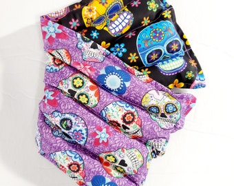 Rice-flax seed therapeutic heating/cooling neck wrap, body pad, rice bag, heat pad, cold pack, doula, Sugar Skulls, Flowers, Skull