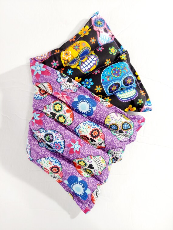 Rice-flax seed therapeutic heating/cooling neck wrap, body pad, rice bag, heat pad, cold pack, doula, Sugar Skulls, Flowers, Skull