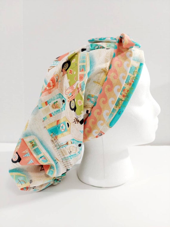 Scrub Cap, Surgery Hat, Surgical Cap, Women's Bouffant Cap, Chemo Hat, Reversible, Surf Boards, Beach, Summer