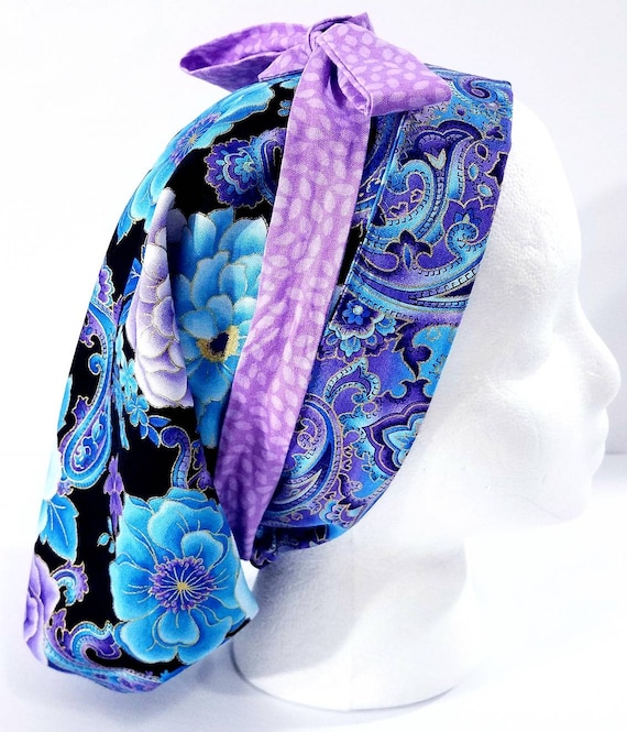 Surgical Cap, Scrub Cap, Surgery Hat, Chemo Hat, Women's Bouffant Hat, Face Mask, Head Covering, Reversible, Flowers, Paisley