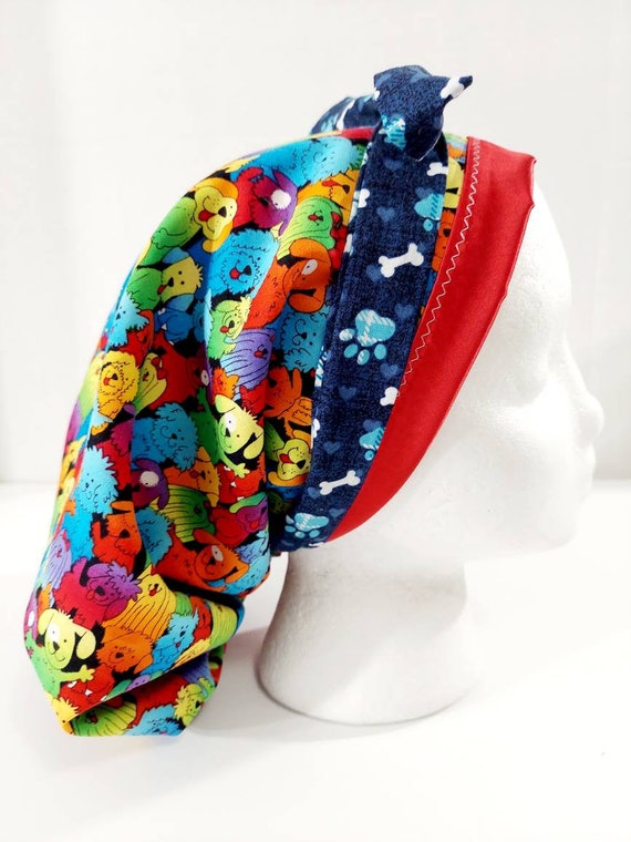 Satin Lined Scrub Cap, Women's Bouffant Cap, Chemo Hat, Surgical Cap, Surgery Hat, Scrub Cap, Dogs