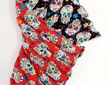 Rice-flax seed therapeutic heating/cooling pad, heat pad, rice bag, cold pack, weighted lap blanket, skull, sugar skulls, flowers