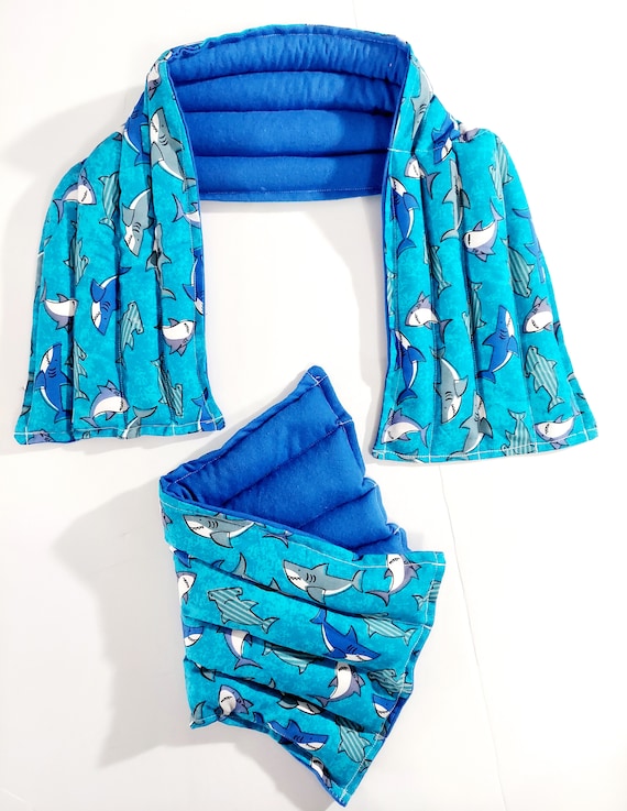 Rice-flax seed therapeutic heating/cooling pad, neck wrap, rice bag, heat pad, cold pack, sharks