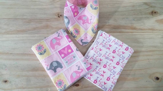 Burp cloths, burp rags, bandana bib, baby shower, baby girl, baby gift, i love mom and dad, elephants