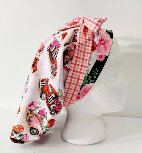 Scrub Cap, Surgery Hat, Surgical Cap,  Chemo Hat, Head Covering, Women's Bouffant Cap, Valentine's Day, Flowers, Pick-up Trucks