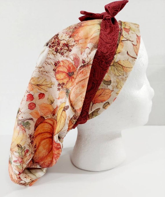 Surgical Cap, Surgery Hat, Women's Bouffant Hat, Chemo Hat, Scrub Cap, Pumpkins, Fall, Leaves, Nurse, Scrub Technologist