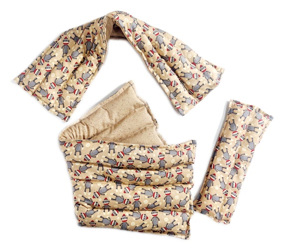 Rice-flax seed therapeutic heating/cooling neck wrap and body pad, heat pad, cold pack, rice bag, doula, Sock monkeys