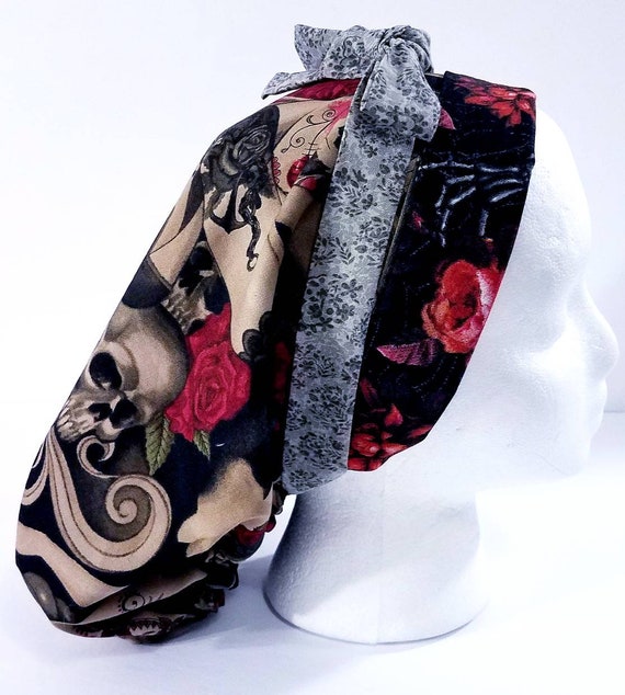 Surgery Cap, Women's Bouffant Hat, Chemo Hat, Surgical Cap, Scrub Cap, Face Mask, Days of the Dead, Sugar Skulls, Roses, Skulls