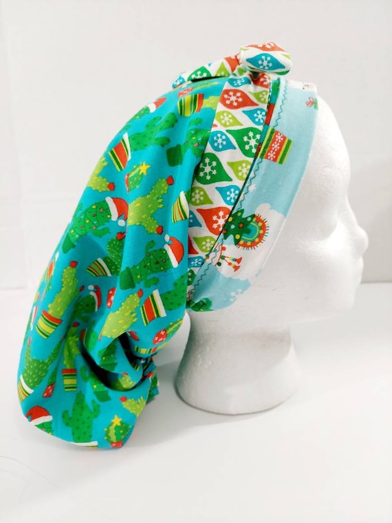 Scrub Cap, Women's Bouffant Cap, Chemo Hat, Surgical Cap, Surgery Hat, Reversible, Llamas, Christmas,  Ships Immediately