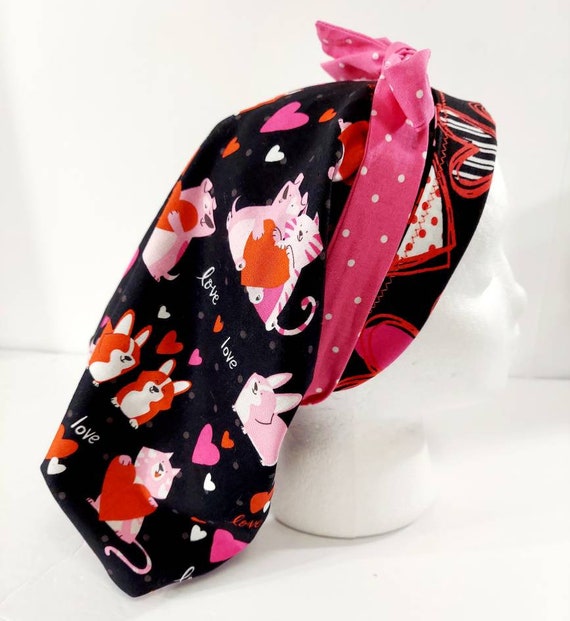 Scrub Cap, Women's Bouffant Cap, Chemo Hat, Head Covering, Surgical Cap, Surgery Hat, Face Mask, Dog, Cat, Hearts